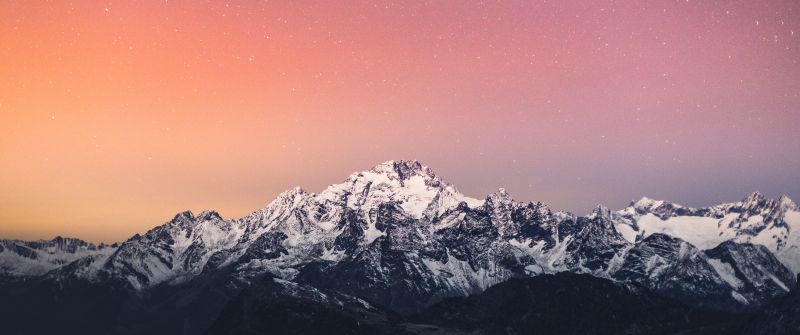 Alps mountains, 5K, Mountain range, Italy, Pink sky, Starry sky, Snow covered, Glacier, Peak, Scenery, Landscape