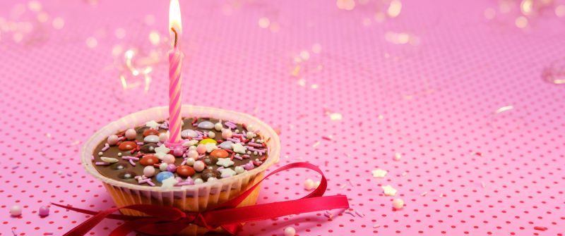 Muffin, Cupcake, Candle light, Red Ribbon, Pink background, Sugar sprinkles, Dessert, Birthday, Aesthetic, 5K