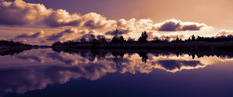 Lake, Sunset, Body of Water, Twilight, Evening sky, Clouds, Reflection, Trees, Dusk, Scenery, Panorama, 5K, 8K, Ultrawide