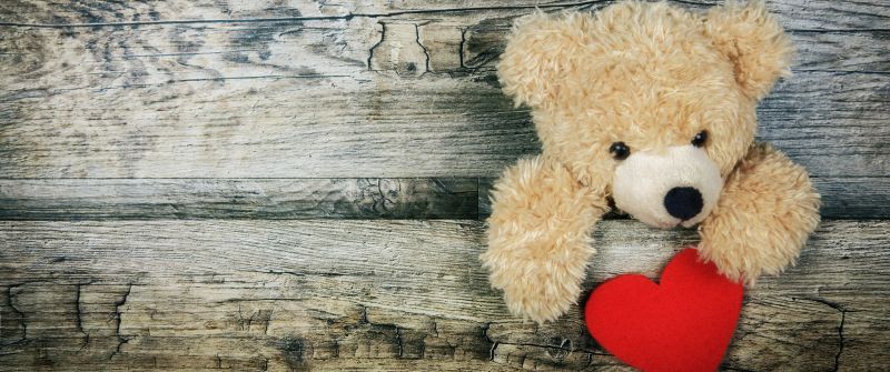 Teddy bear, Red heart, Wooden background, Soft toy, Stuffed, Valentine's Day, Cute Bear, Emotions, 5K