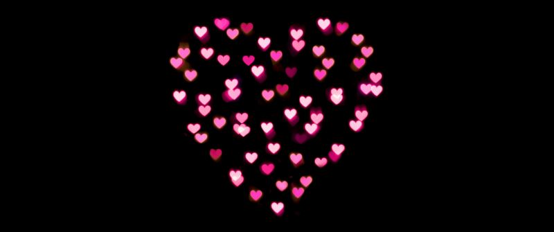 Love heart, Pink hearts, Lights, Night, Black background, 5K