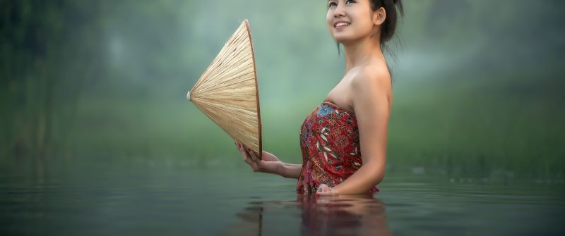 Asian Girl, 5K, Teen, Lake, Pond, Bath time, Portrait, Smiling, Thailand, 8K