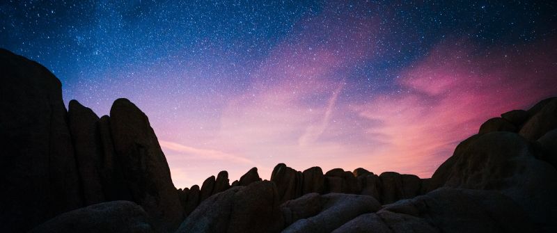 Rock formations, Joshua Tree National Park, California, Night time, Starry sky, Outer space, Astronomy, Landscape, Dusk, Sunset