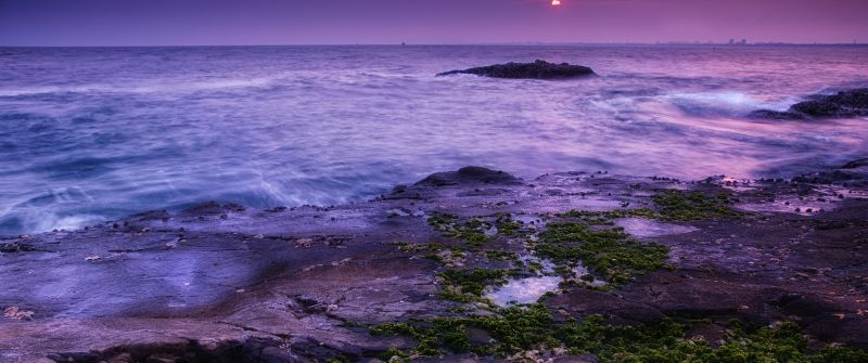 Seascape, Coast, Sunset, Ocean, Evening sky, Purple, Moss, Landscape