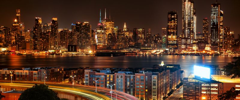 New York City, New Jersey, Cityscape, City lights, Night time, Skyscrapers, Long exposure, Roads