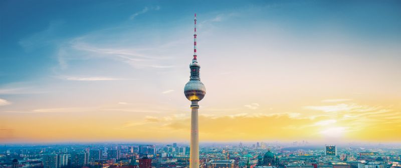 Berlin TV Tower, Berliner Fernsehturm, Germany, Landmark, Sunset, Cityscape, City lights, Clear sky, High rise building, Skyline, Skyscrapers
