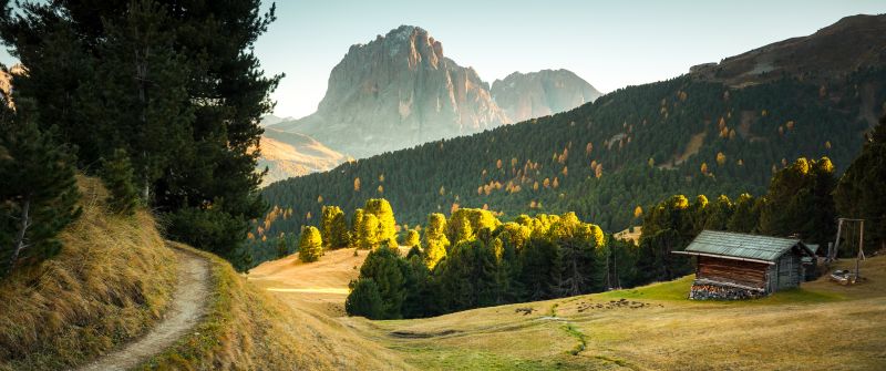 Seceda Mountain, Italy, Wooden House, Pathway, Green Trees, Sunset, Meadow, Landscape