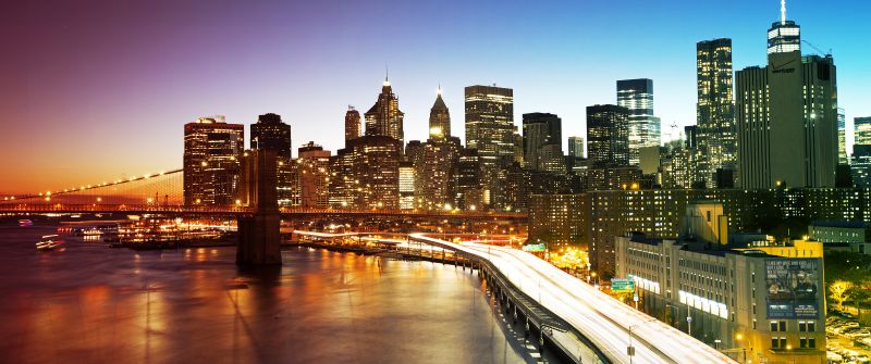 Manhattan Bridge, New York City, Cityscape, City lights, Skyline, Body of Water, Long exposure, Colorful Sky, Gradient, Skyscrapers