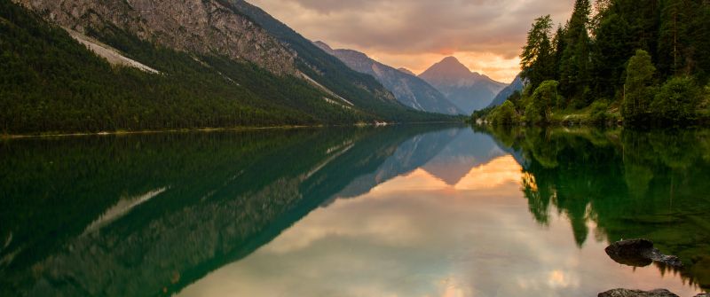 Lake Plansee, Austria, Thaneller Mountain, Landscape, Mirror Lake, Reflection, Green Trees, 5K