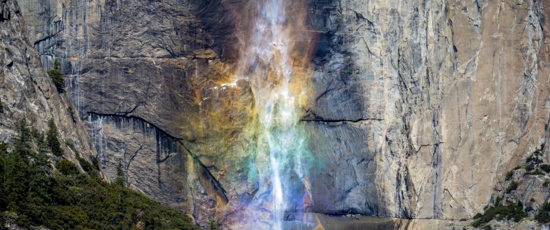 Yosemite Falls, Yosemite National Park, California, Cliff, Waterfalls, Colorful, Rainbow colors, Tourist attraction, 5K