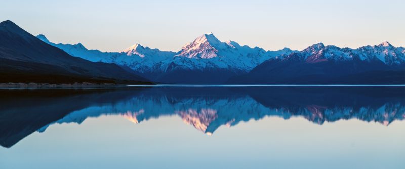 Mount Cook, Lake Pukaki, New Zealand, Sunset, Dusk, Mountain range, Snow covered, Reflection, Landscape, Scenery, 5K