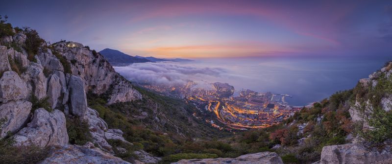 Monaco City, Aerial view, Sunrise, Foggy, Cityscape, City lights, Landscape, Purple sky, Long exposure, Mountains