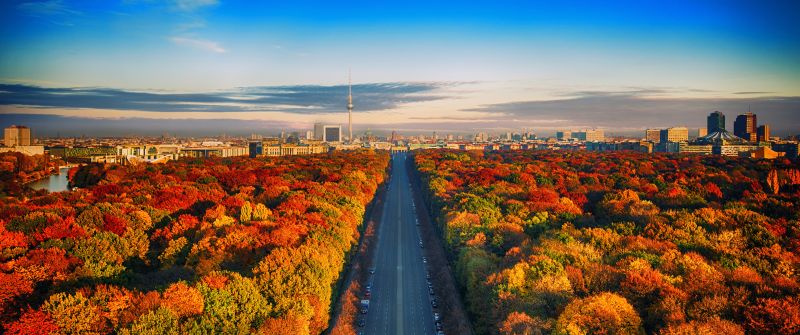Autumn trees, Berlin City Skyline, Germany, Highway, Colorful, Blue Sky, Cityscape, Berlin TV Tower, Landscape, Beautiful, 5K