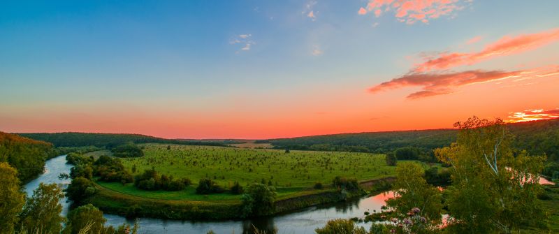 Upa River, Tula Region, Russia, Sunset Orange, Clear sky, Green Meadow, Water flow, Landscape, 5K