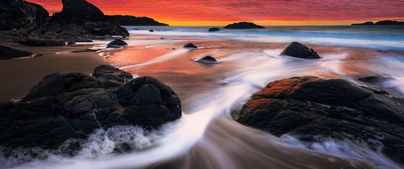 Marshall Beach, San Francisco, Sunset, Orange sky, Seascape, Long exposure, Ocean, Rocks, Scenery, Landscape