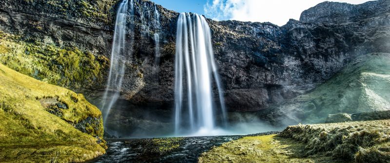 Seljalandsfoss, Waterfalls, Iceland, Water Stream, Cliff, Green Moss, Long exposure, Landscape, Scenery, Blue Sky