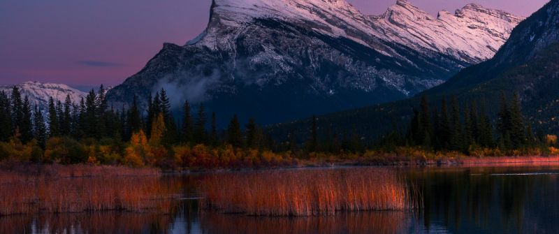 Vermilion Lakes, Canada, Canadian Rockies, Glacier mountains, Snow covered, Blue Sky, Reflection, Moonrise, Landscape, 5K