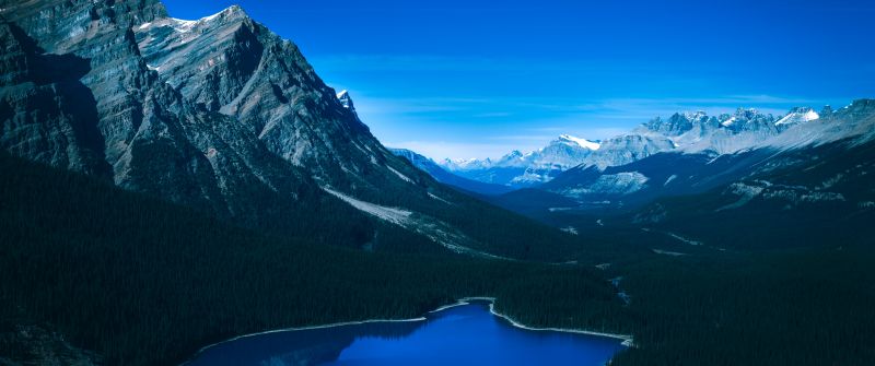 Peyto Lake, Banff National Park, Canada, Canadian Rockies, Mountain range, Blue Sky, Glacier mountains, Snow covered, Reflection, Green Trees, Landscape, Twilight, 5K