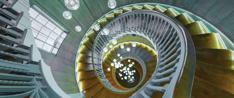 Spiral staircase, Chandelier, Wooden stairs, 5K, 8K