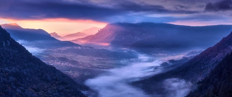 Mountains, Sunrise, Scenic, Early Morning, Countryside, Village, Sunlight, Hill Station, Clouds, Foggy, 5K