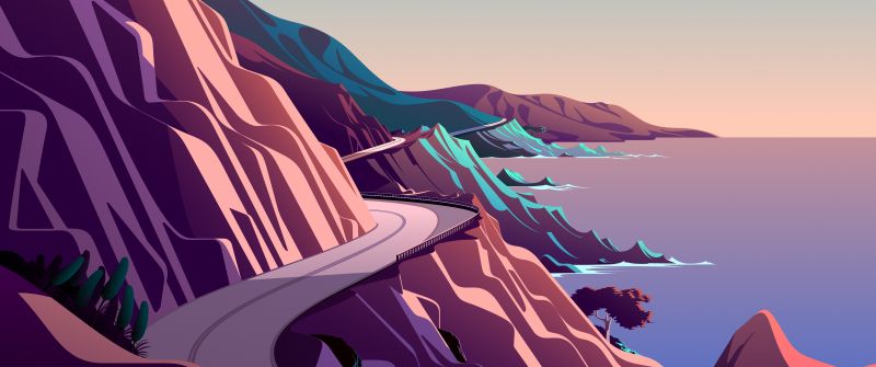 Coastline, Mountain pass, Road, Morning, Daylight, Scenery, Illustration, macOS Big Sur, iOS 14, Stock, Aesthetic, 5K
