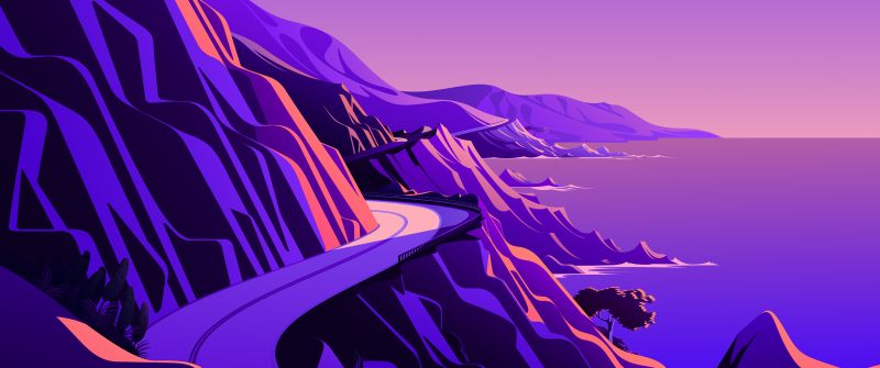 macOS Big Sur, Coastline, Mountain pass, Road, Twilight, Sunset, Scenery, Illustration, iOS 14, Stock, Aesthetic, 5K