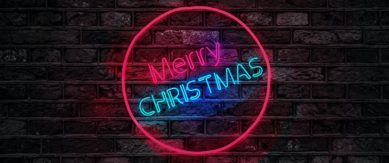 Merry Christmas, Neon, Brick wall, Dark, Colorful, Neon sign, 5K, Navidad, Noel