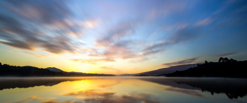Crystal Springs Reservoir, California, Lake, Landscape, Reflection, Sunrise, Silhouette, Long exposure, 5K