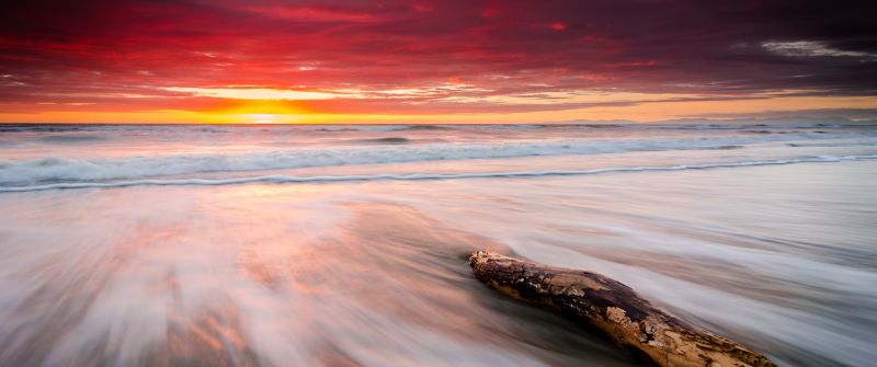 Leithfield Beach, New Zealand, Sunrise, Orange sky, Seascape, Waves, Coastal, Cloudy Sky, Long exposure, Stump, 5K