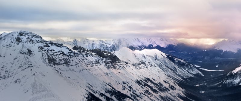 Cloudy, Glacier mountains, Snow covered, Sunrise, Landscape, Mountain range, Misty, Winter