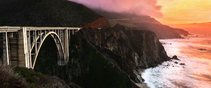 Bixby Creek Bridge, California, Sunset, Orange sky, Big Sur, Coastline, Foggy, Landscape, Long exposure, Ocean