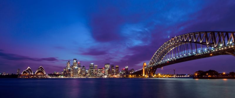 Sydney Harbour Bridge, Sydney Opera House, Metal structure, Australia, Cityscape, City lights, Purple sky, Skyscrapers, Night time, Body of Water, Dusk, 5K