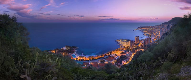 Monaco City, Cityscape, City lights, Purple sky, Sunset, Long exposure, Horizon, Clouds