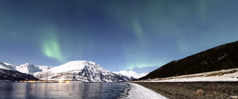 Lyngenfjord, Norway, Aurora Borealis, Northern Lights, Glacier mountains, Lake, Reflection, Night sky, Stars, Winter, Snow covered, Landscape, Scenery