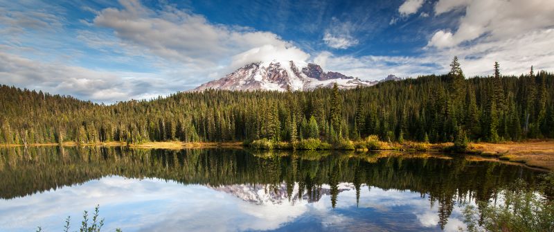 Mirror Lake, Green Trees, Forest, Glacier mountains, Snow covered, Cloudy Sky, Reflection, Body of Water, Landscape, Scenery