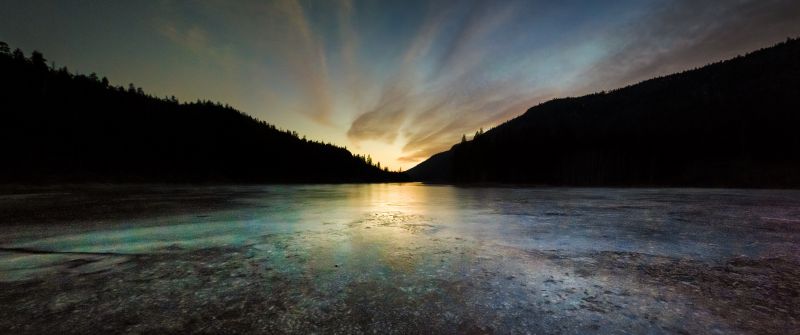 Rose Valley Reservoir, British Columbia, Canada, Sunset, Frozen, Silhouette, Landscape, Dusk, 5K