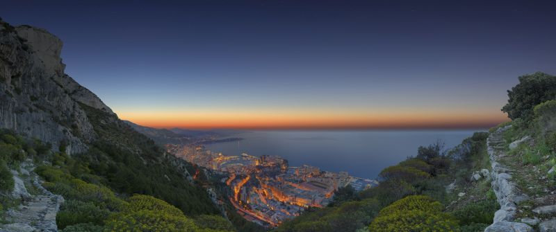 Monaco City, Viewpoint, Sunrise, Horizon, Cityscape, City lights, Green Trees, Cliffs, Aerial view, Landscape