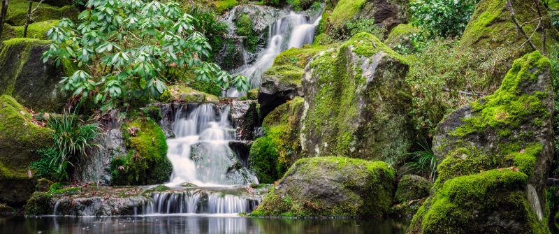 Portland Japanese Gardens, Waterfalls, Green Moss, Rocks, Greenery, Water Stream, Long exposure, 5K