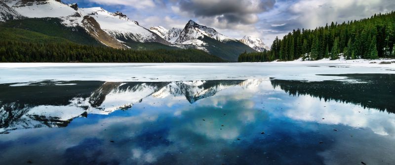 Maligne Lake, Canada, Cloudy Sky, Glacier mountains, Snow covered, Mirror Lake, Frozen, Winter, Green Trees, Reflection, Landscape