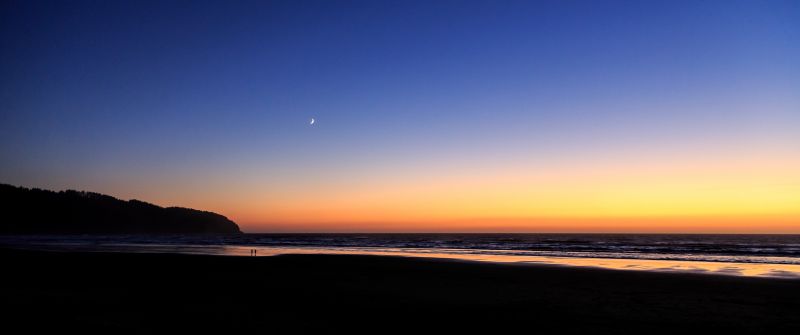 Sunset, Silhouette, Beach, Clear sky, Seascape, Ocean, Horizon, Landscape, Moon, 5K