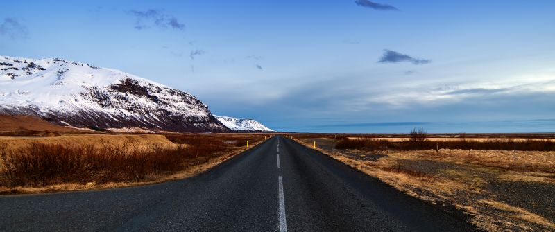Endless Road, Iceland, Landscape, Glacier mountains, Snow covered, Blue Sky, Horizon, Scenic