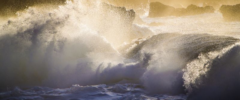 Huge Waves, Sunset, Ocean, Rocky coast, Landscape, Water splash