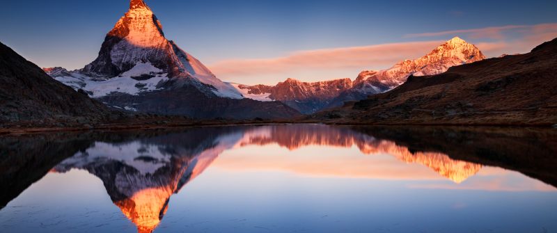 Riffelsee Lake, Switzerland, Glacier mountains, Snow covered, Reflection, Alpenglow, Sunset, Clear sky, Landscape, Scenery