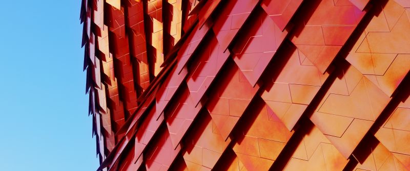 Vanke Pavilion, Red Tiles, Modern architecture, Pattern, Texture, Shapes, Geometrical, Blue Sky, 3D, 5K