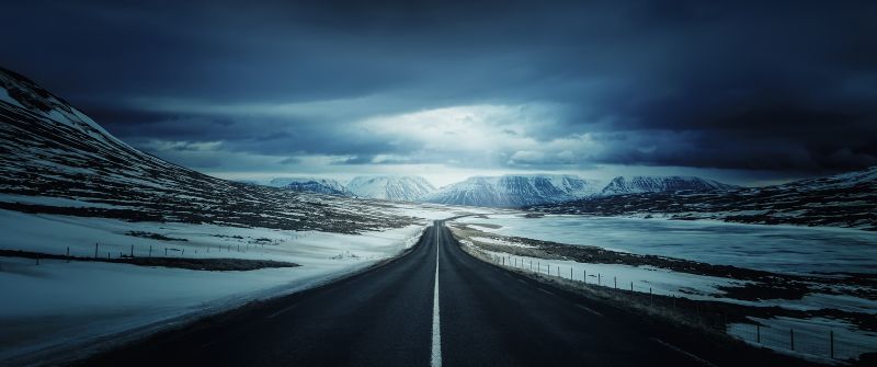 Iceland's Ring Road, Endless Road, Landscape, Snow covered, Winter, Glacier mountains, Calm, Dark clouds, Vanishing point
