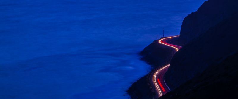Pacific Coast Highway, California, Car lights, Long exposure, Seascape, Dusk, Sunset, Blue Ocean, Purple sky, Mountain range, Silhouette, 5K