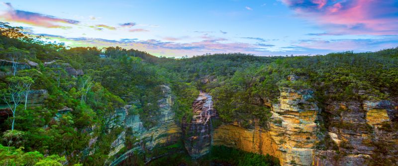 Wentworth Falls, Blue mountains, Australia, National Park, Long exposure, Sunset, Cliffs, Forest, Green Trees, Greenery, HDR, Landscape, Clear sky, 5K