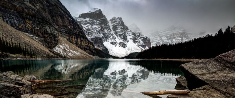 Moraine Lake, Clear water, Landscape, Canada, Reflection, Snow covered, Glacier mountains, Foggy, Rocks, Mirror Lake, 5K