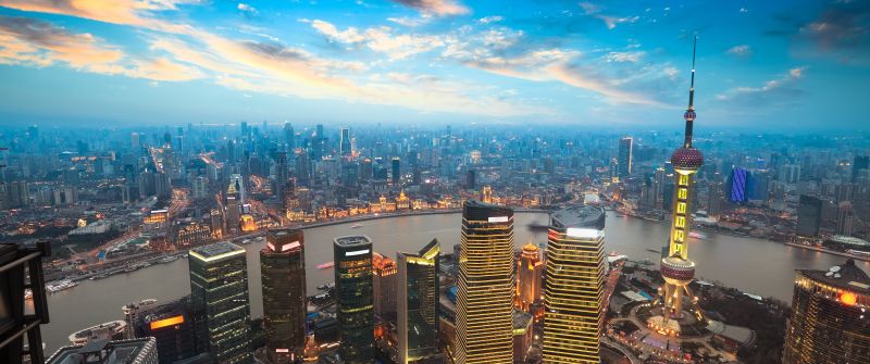 Shanghai City, Aerial view, China, Cityscape, Skyline, Sunset, Skyscrapers, High rise building, Oriental Pearl Tower, Evening sky, Clouds, 5K
