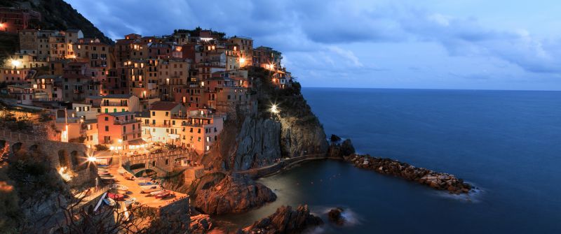 Manarola, Seaside village, Cinque Terre, Italy, Seascape, City lights, Dusk, Tourist attraction, Clouds, Long exposure